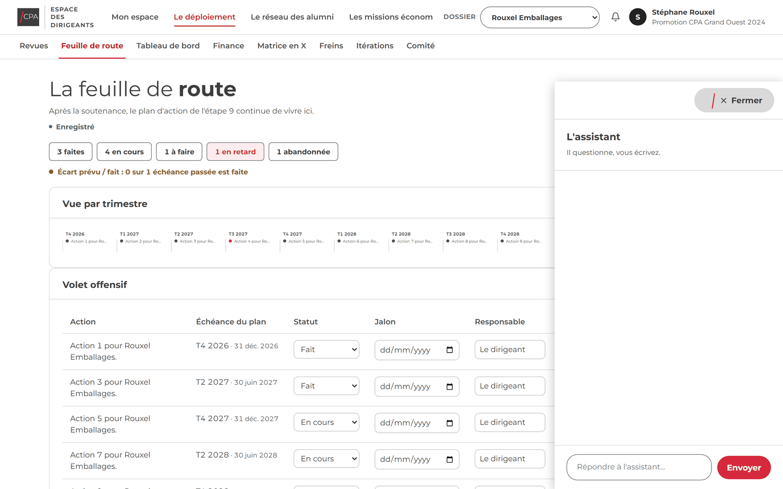 La feuille de route trimestrielle de CPA Connect avec l'assistant ouvert : actions faites, en cours, en retard, et l'écart entre prévu et réalisé