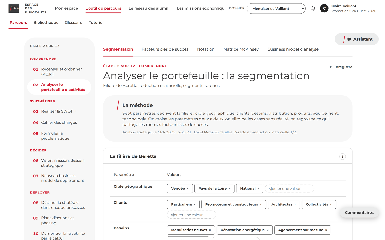 L'étape 2 de CPA Connect, la segmentation : les douze étapes à gauche, la méthode en tête, la filière renseignée paramètre par paramètre, les commentaires en marge